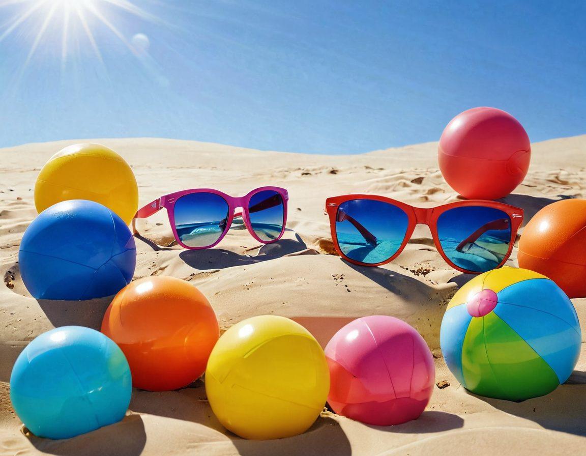 A vibrant beach scene featuring colorful summer accessories like bright sunglasses, playful beach balls, and whimsical sensual toys artistically arranged on a sunlit sand dune. A backdrop of clear blue skies and gentle waves adds to the lively atmosphere. Emphasize fun and playfulness with a touch of summer romance. super-realistic. vibrant colors. sunny background.